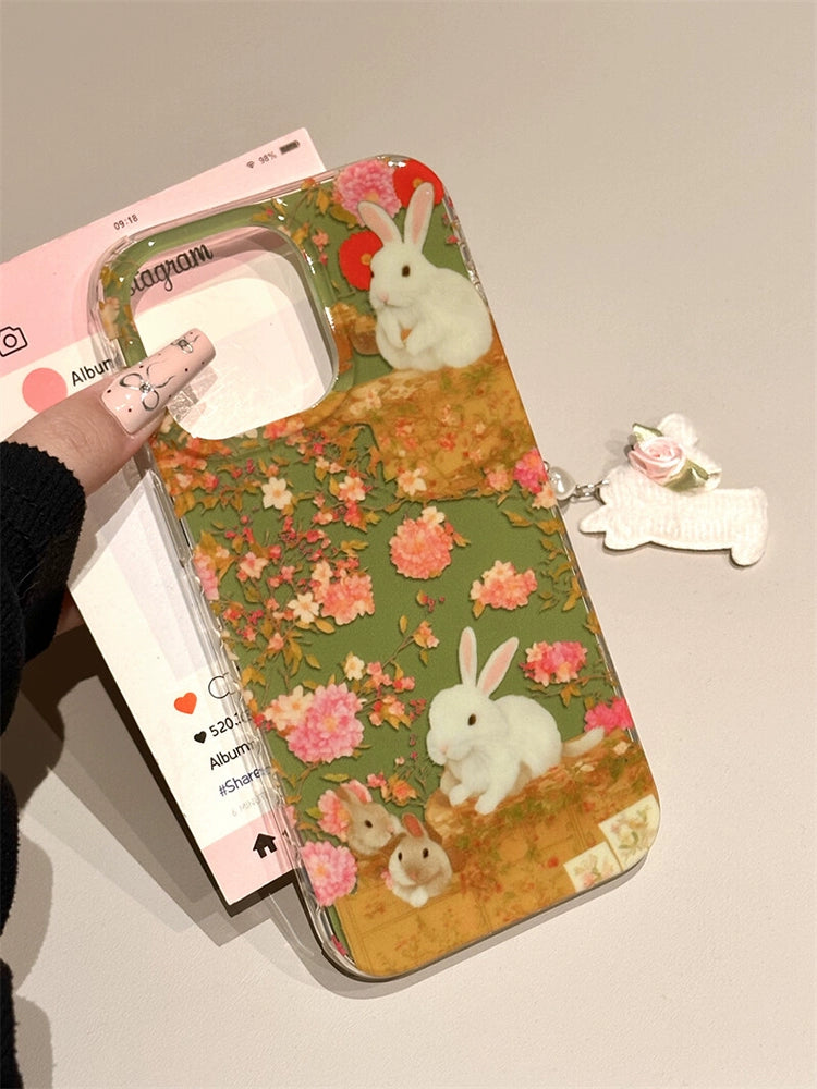 Pastoral Style Cartoon Green Background Floral Bunny Garden Cute Aesthetic Mobile Phone Case with Mobile Phone Chain Pendant Suitable for iPhone16 iPhone15 iPhone14 iPhone13