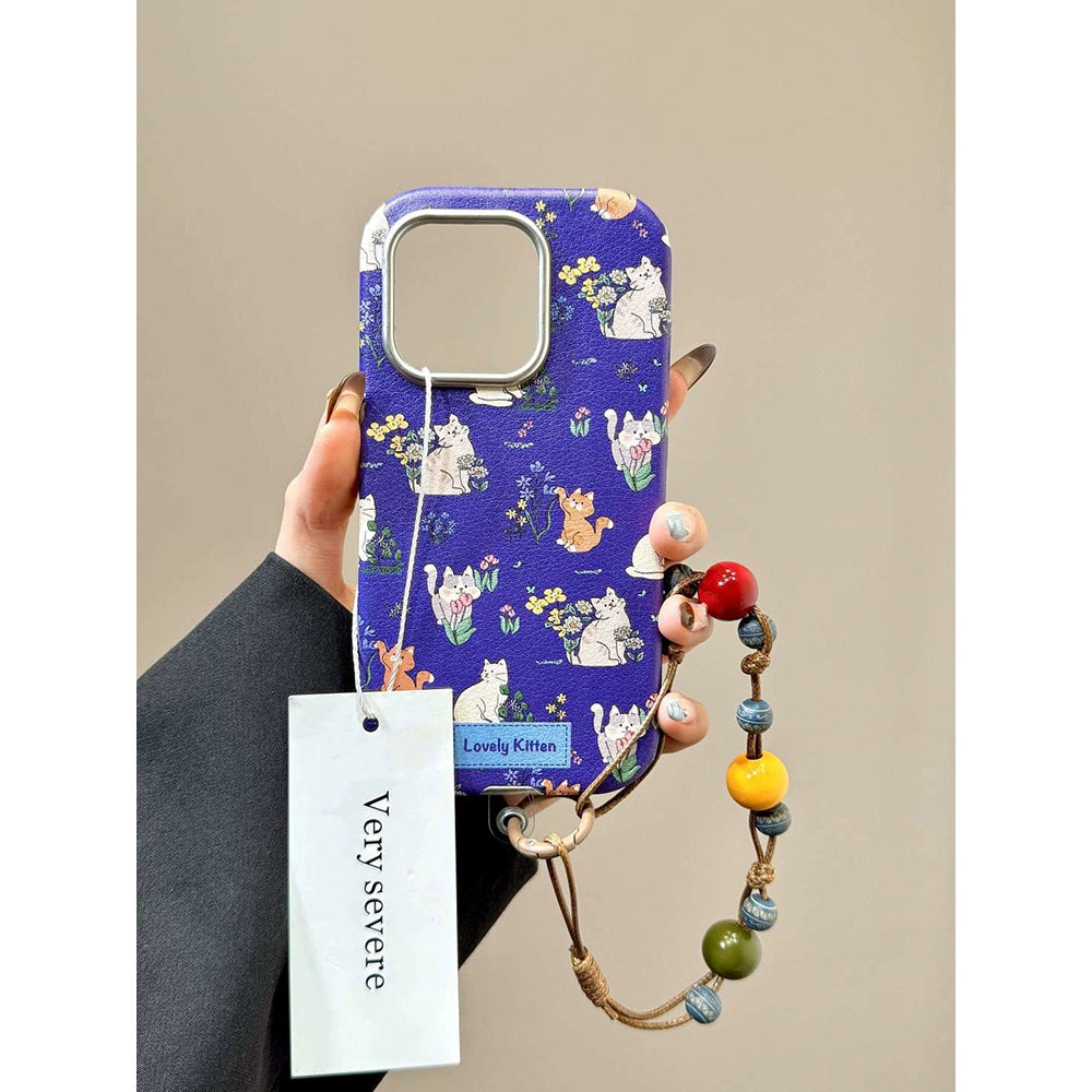 Cute Full Screen Flower Cat Blue Aesthetic Mobile Phone Case with Mobile Phone Chain Pendant Hand Rope Suitable for iPhone16 iPhone15 iPhone14 iPhone13