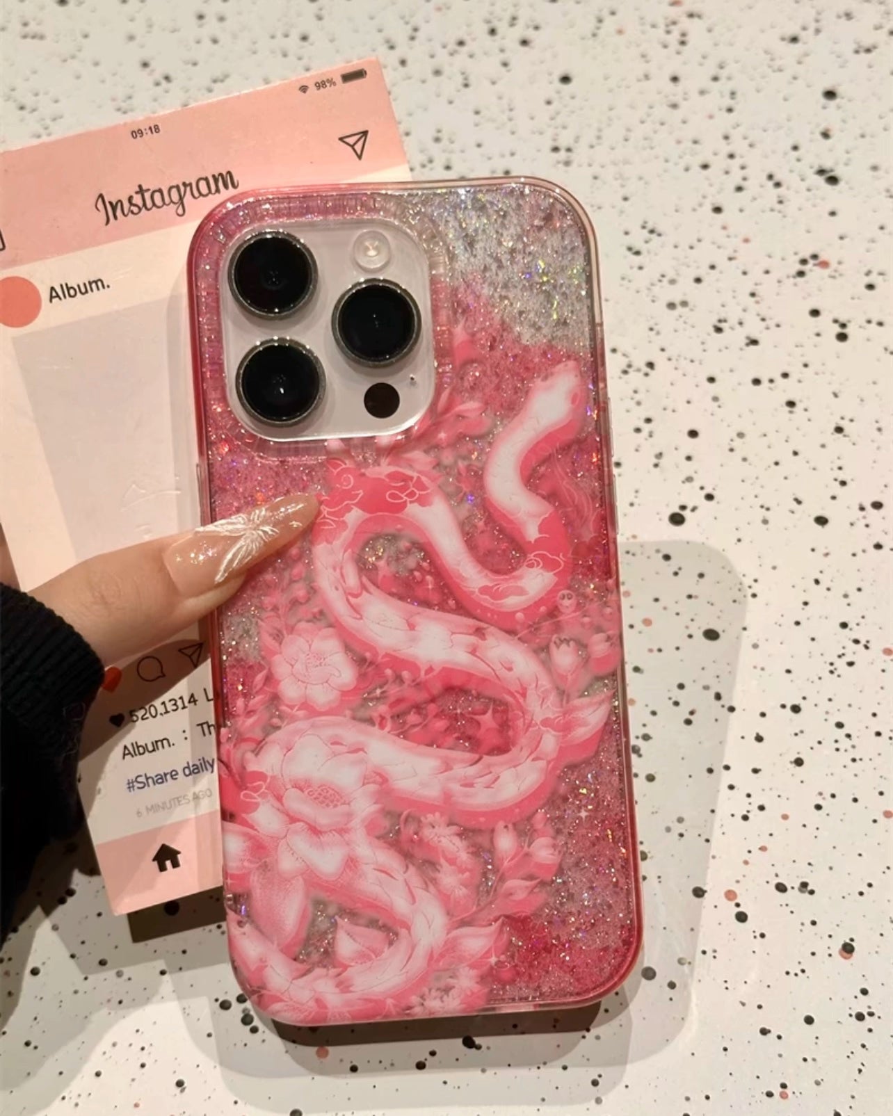 Transparent Glitter Pink Sequined Floral Snake Double-sided Aesthetic Mobile Phone Case Suitable for iPhone16 iPhone15 iPhone14 iPhone13