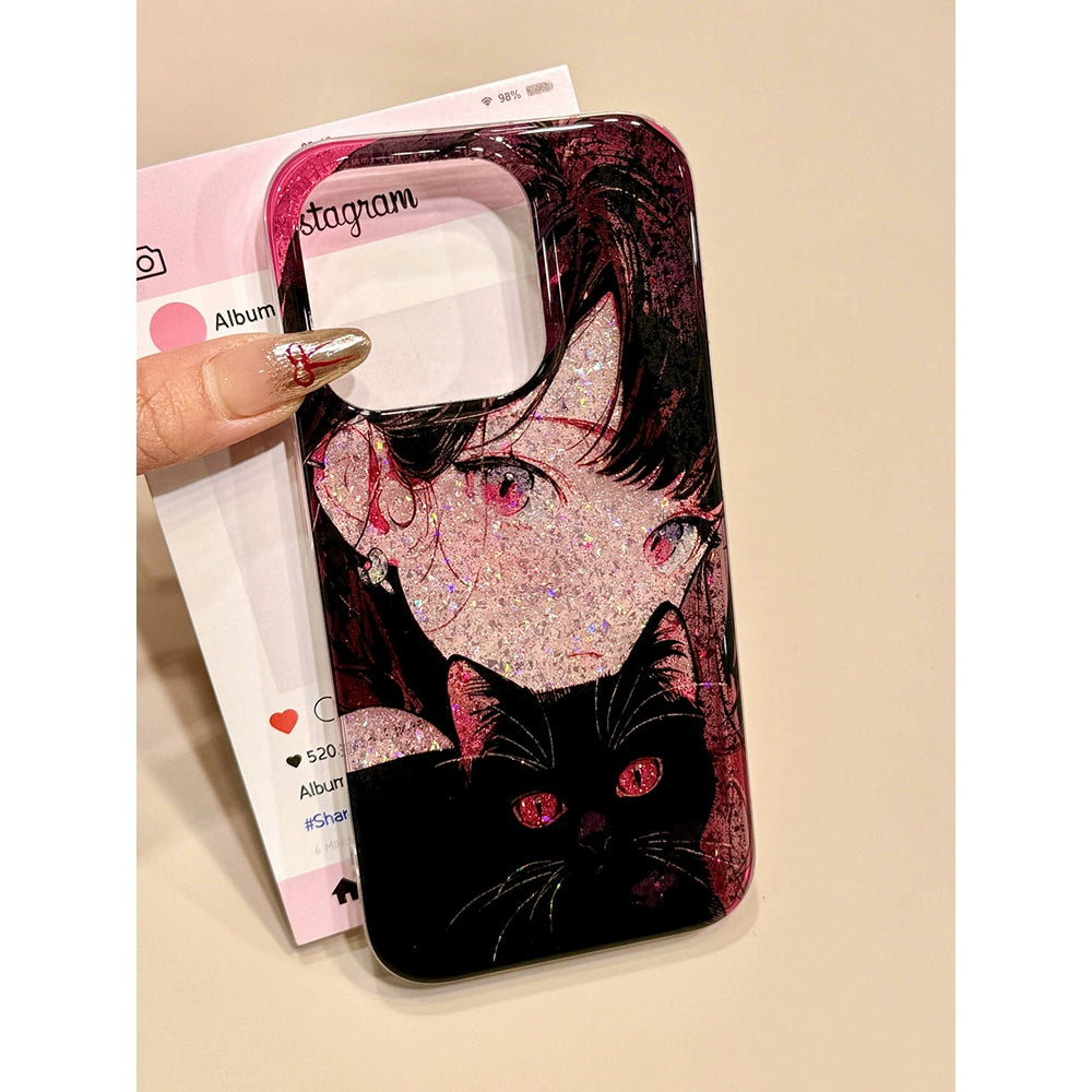 Sequin Double Layer Black Pussy Girl Cute Aesthetic Phone Case Suitable for iPhone16 iPhone15 iPhone14 iPhone13