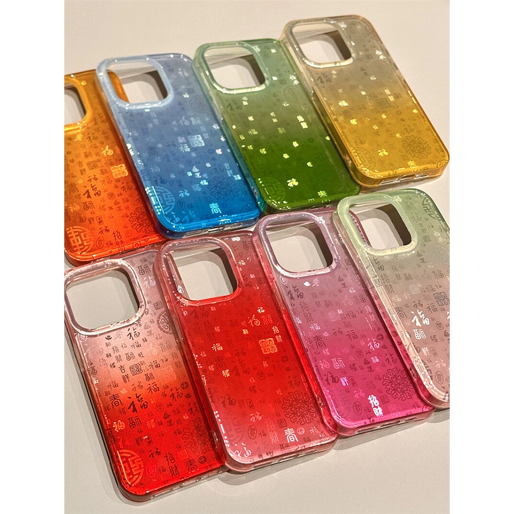 Gradual Change of Color Auspicious Baifutu Lucky Aesthetic Mobile Phone Case Suitable for iPhone16 iPhone15 iPhone14 iPhone13