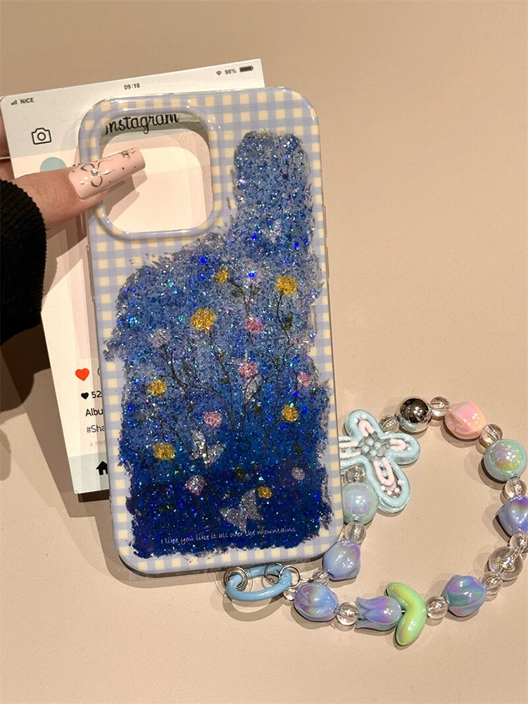 Blue Plaid Glitter Butterfly Floral Sweet Aesthetic Phone Case Suitable for iPhone16 iPhone15 iPhone14 iPhone13