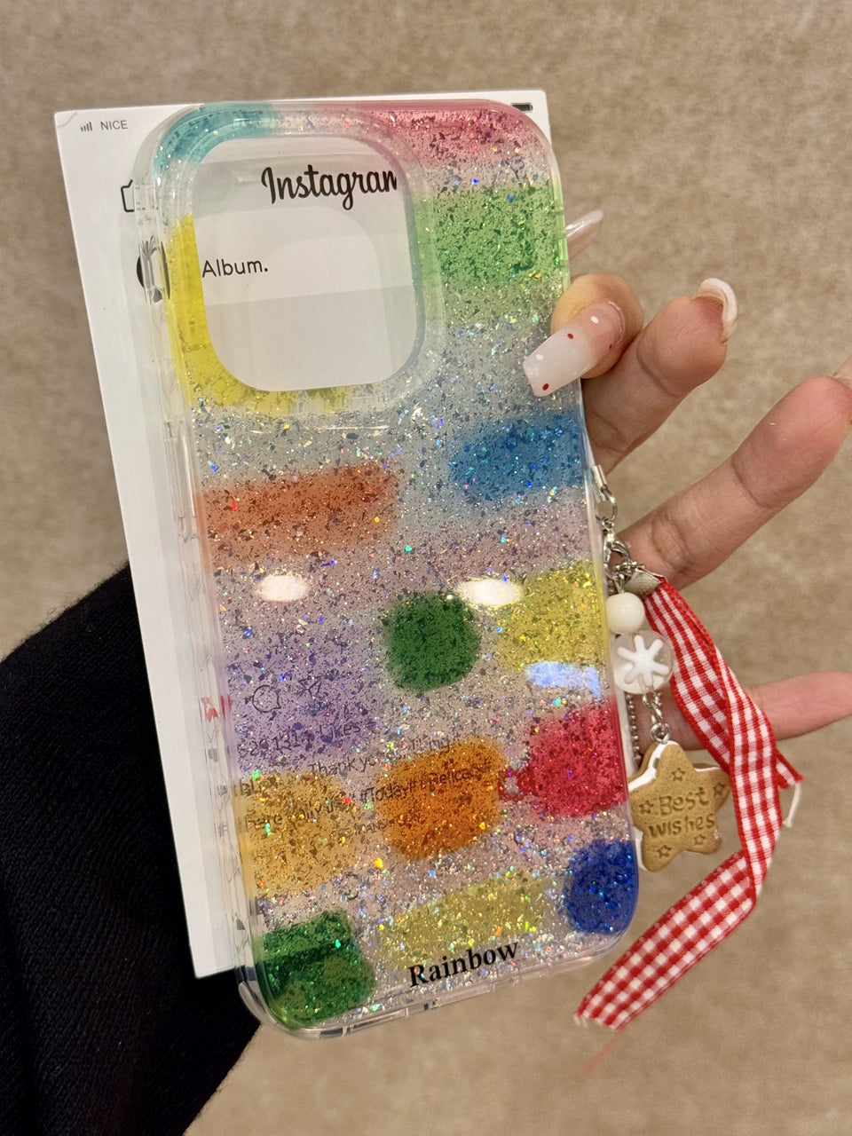 Translucent Glitter Square Color Block Rainbow Color Art Aesthetics Mobile Phone Case with Mobile Phone Chain Pendant Suitable for iPhone16 iPhone15 iPhone14 iPhone13