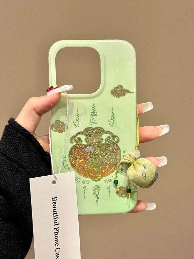 Chinese Style Green Background Auspicious Cloud Hollow Blessing Word Tip Bag Aesthetic Mobile Phone Case Suitable for iPhone16 iPhone15 iPhone14 iPhone13