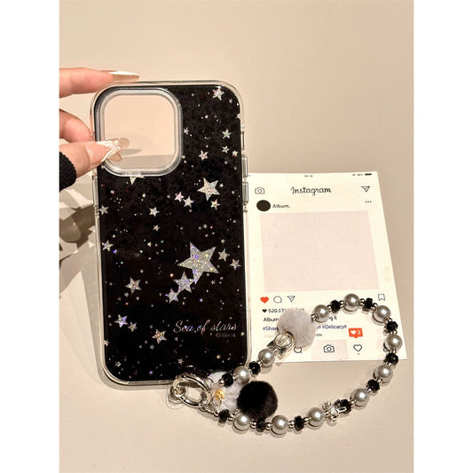 Black Background Hollow Glitter Powder Star Aesthetic Mobile Phone Case with Mobile Phone Chain Pendant Suitable for iPhone16 iPhone15 iPhone14 iPhone13