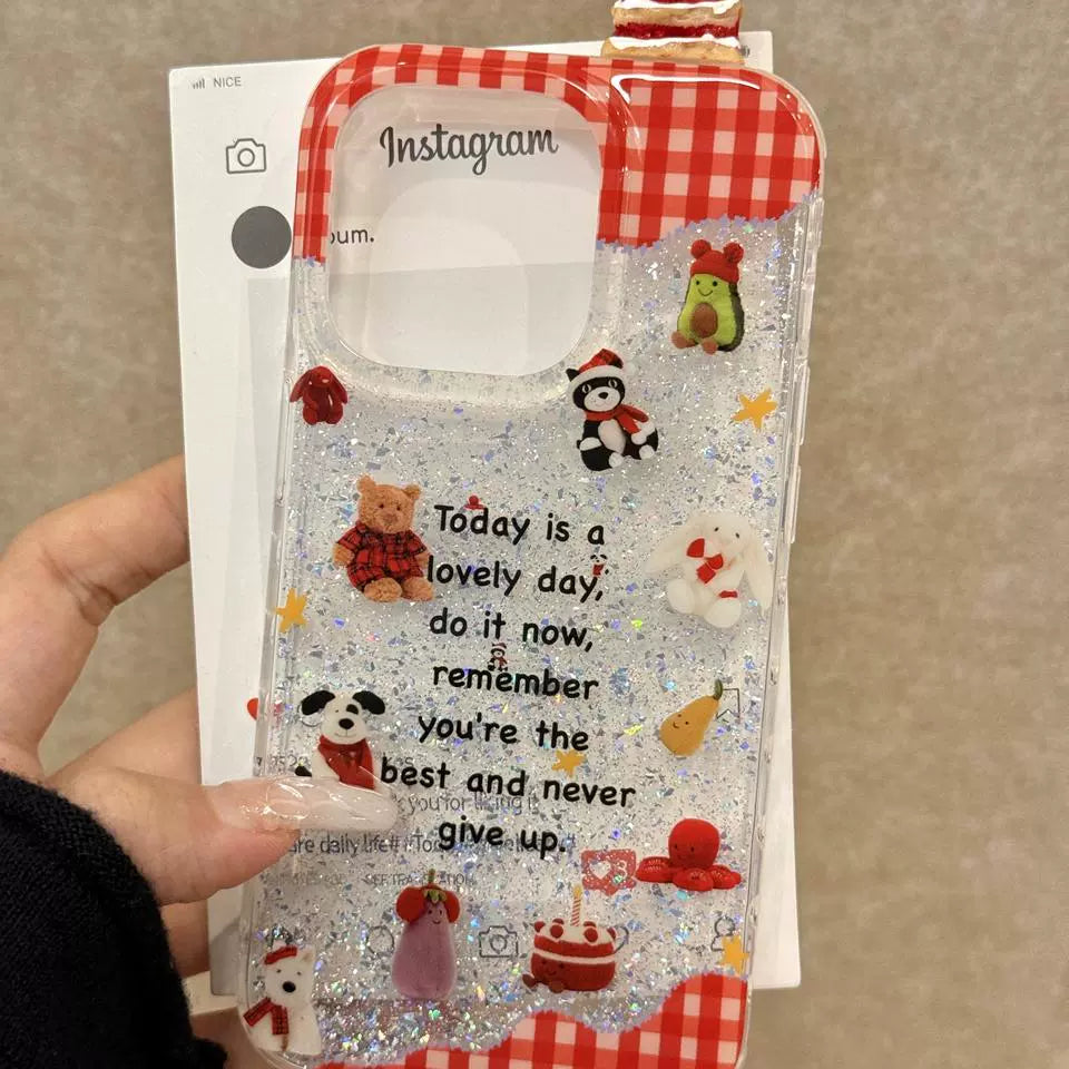 Checked Glitter, Winter Atmosphere, Cute Little Animal Aesthetics, Mobile Phone Case Suitable for iPhone16 iPhone15 iPhone14 iPhone13