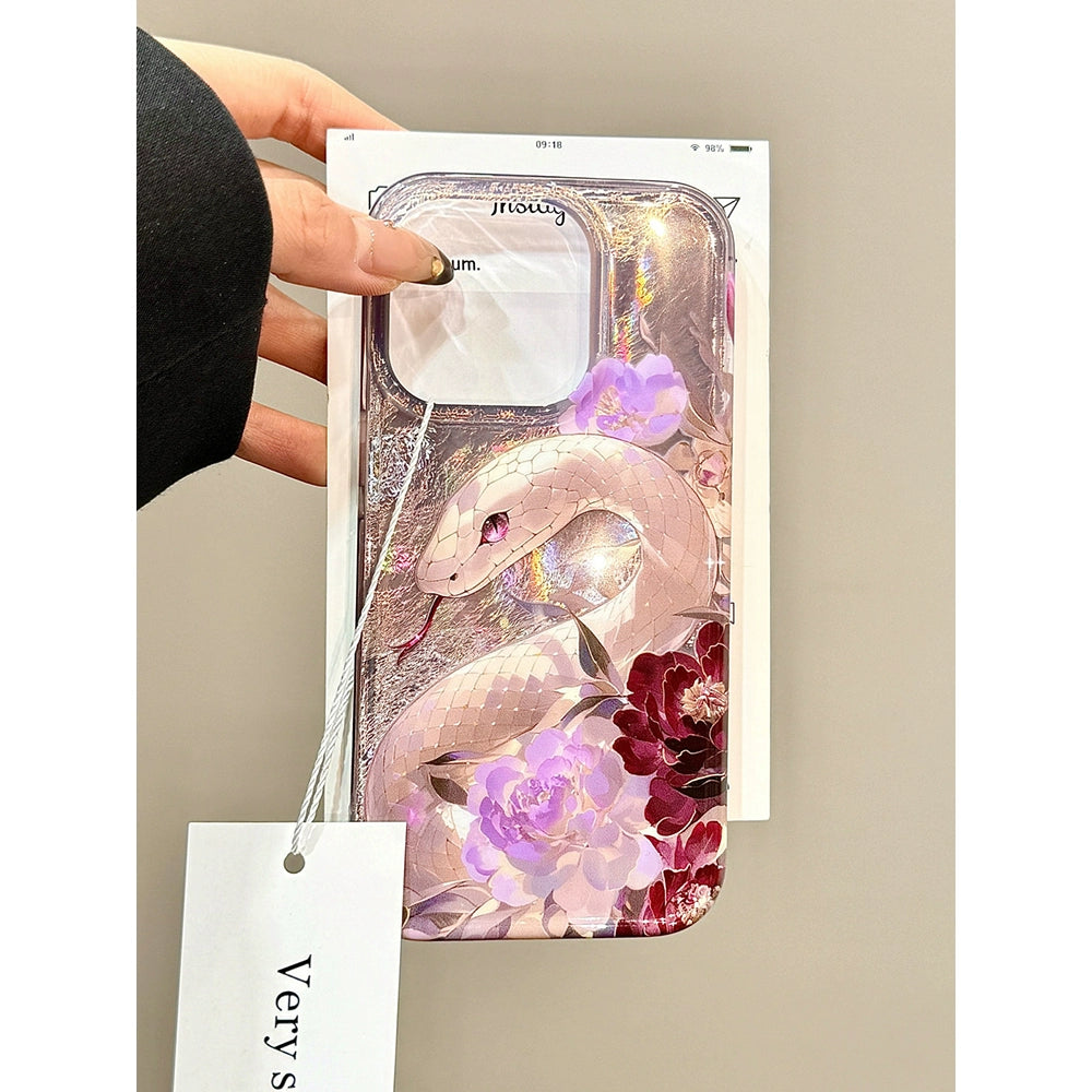 Chinese Style Smudged Purple Flower Python Aesthetic Mobile Phone Case Suitable for iPhone16 iPhone15 iPhone14 iPhone13