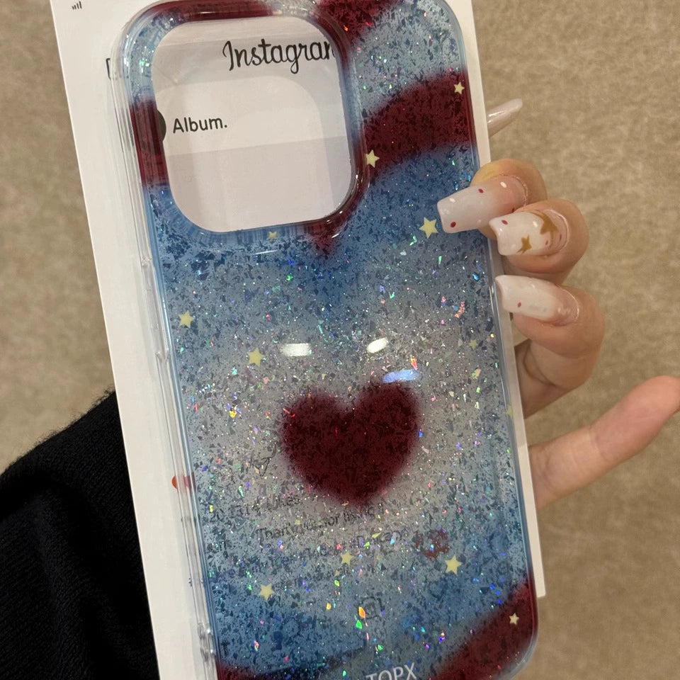 Red, Green, Blue Glitter, Love Star Aesthetic Mobile Phone Case, Suitable for iPhone16promax iPhone15pro iPhone14 iPhone13 Girl Mobile Phone Case