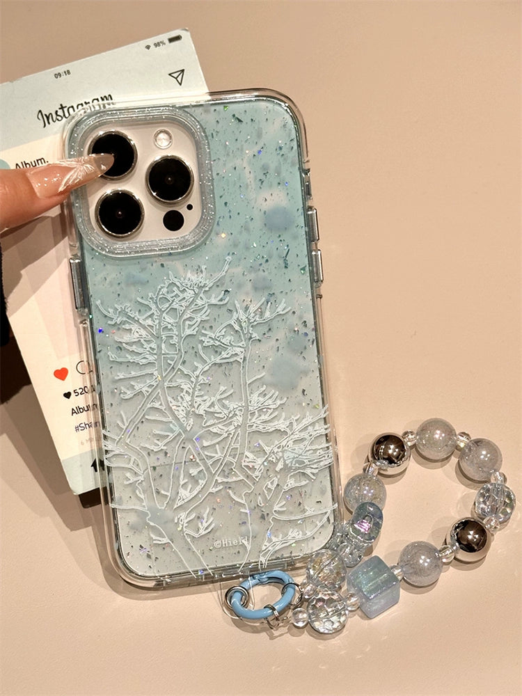 Gradual Change Blue Glitter Lines Small Tree Aesthetics Mobile Phone Case with Mobile Phone Chain Pendant Suitable for iPhone16 iPhone15 iPhone14 iPhone13