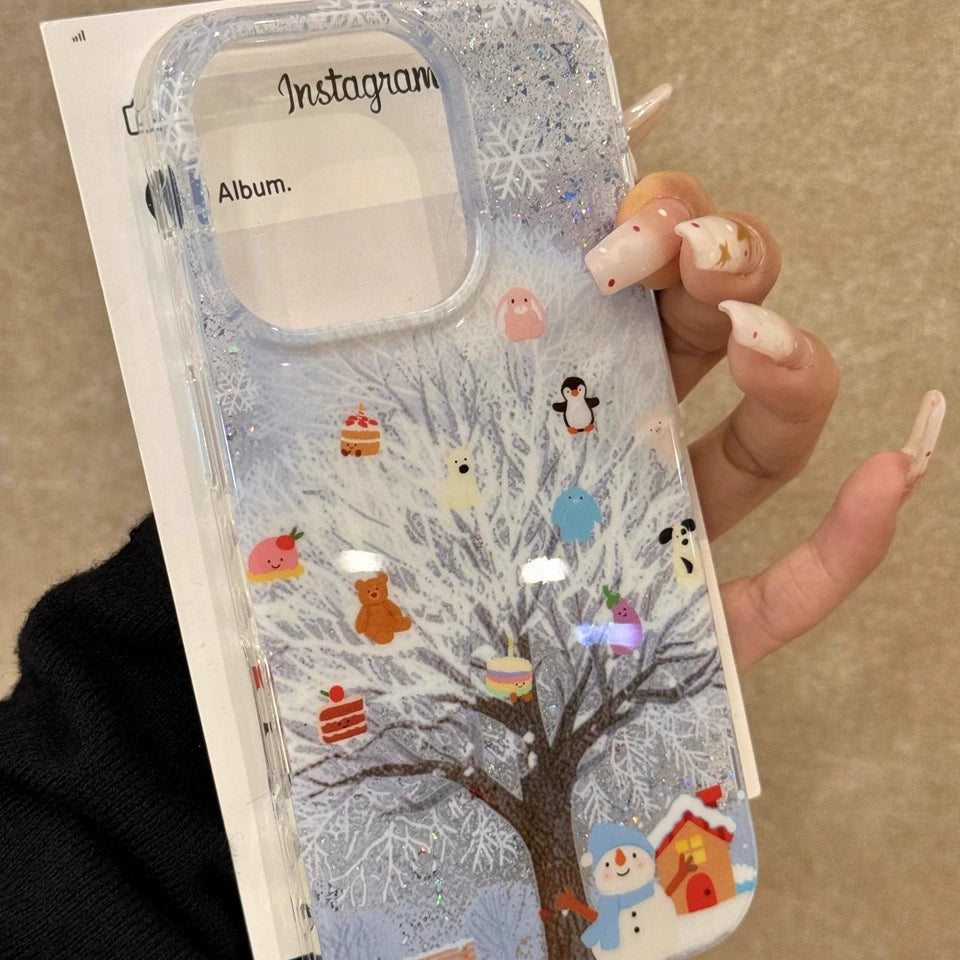 Winter Snow Scene Snow Tree Penguin Snowman Cute Little Animal Aesthetics Mobile Phone Case with Mobile Phone Chain Pendant Suitable for iPhone16 iPhone15 iPhone14 iPhone13