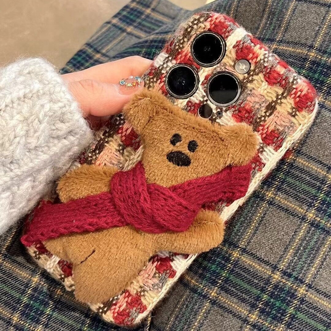 Plush Plaid Red Scarf Teddy Bear Cute Phone Case Suitable for iPhone16 iPhone15 iPhone14 iPhone13