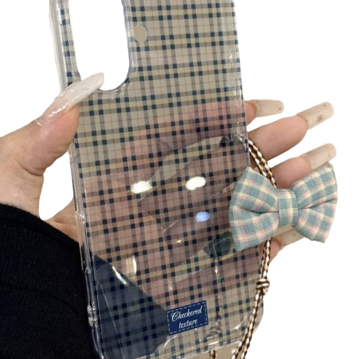 Blue Plaid Bow Translucent Clean Girl Aesthetic Mobile Phone Case with Mobile Phone Chain Pendant Suitable for iPhone16 iPhone15 iPhone14 iPhone13