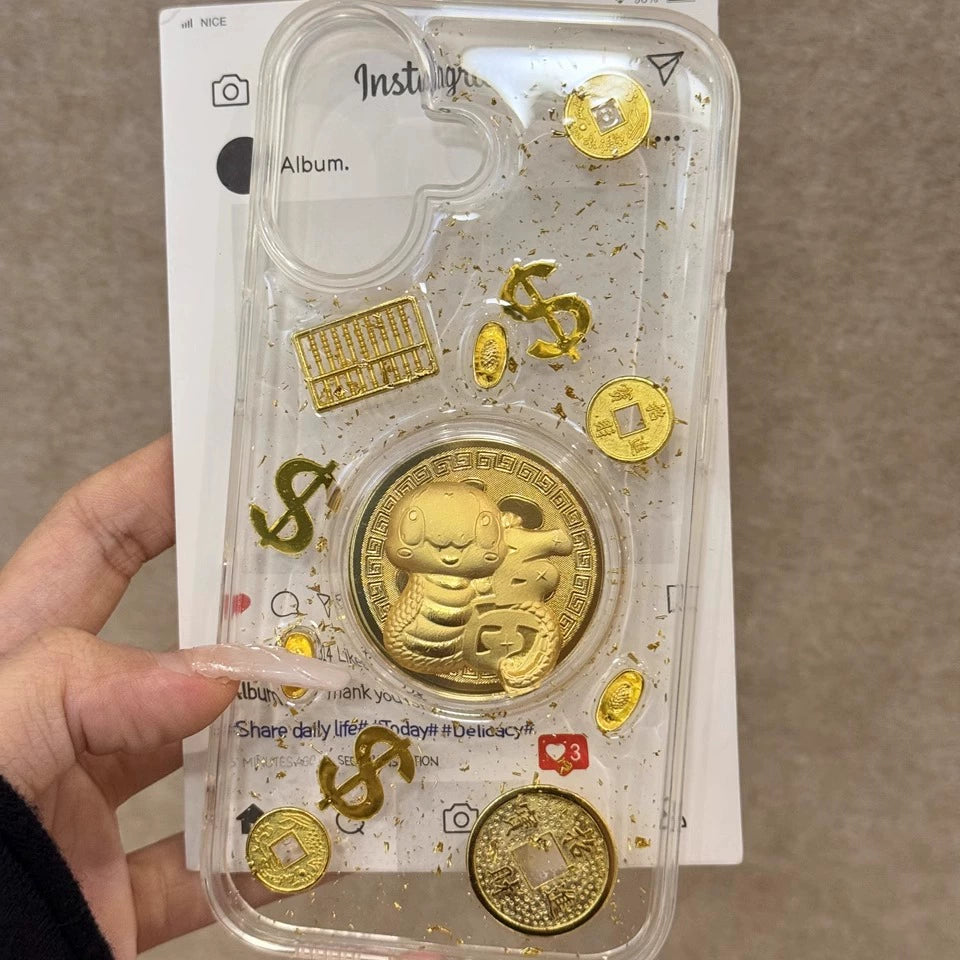 Year of The Snake Fu Character Gold Coin Gold Glitter Lucky Fortune Mobile Phone Case Suitable for iPhone16 iPhone15 iPhone14 iPhone13