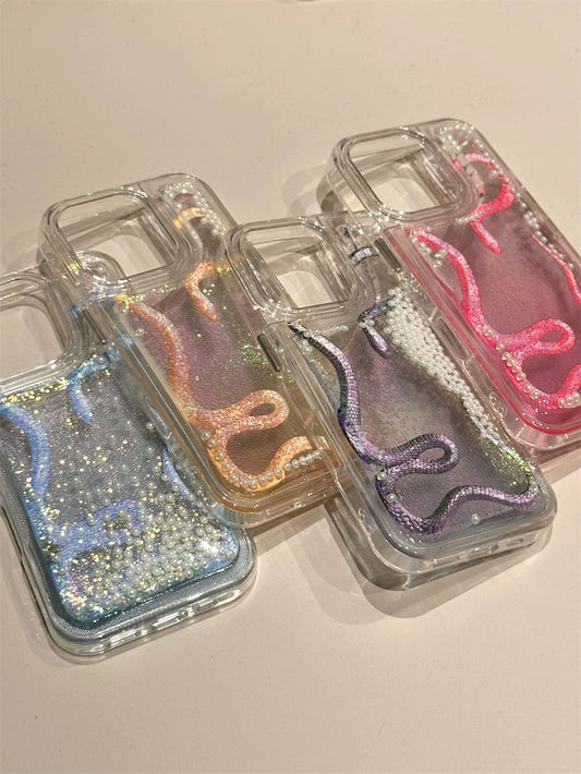 Purple Blue Snake Electroplated Colored Beads Quicksand Aesthetic Mobile Phone Case, Suitable for iPhone16proMAX iPhone15 iPhone14 iPhone13 All-inclusive Fun Girl Mobile Phone Case