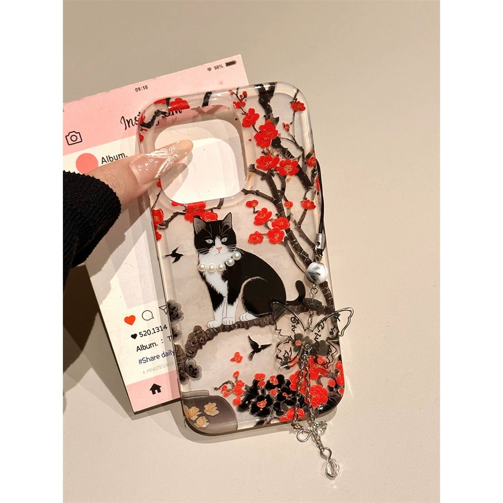 Plum Blossom Branch Small Black Cat Illustration Cute Aesthetic Phone Case Suitable for iPhone16 iPhone15 iPhone14 iPhone13