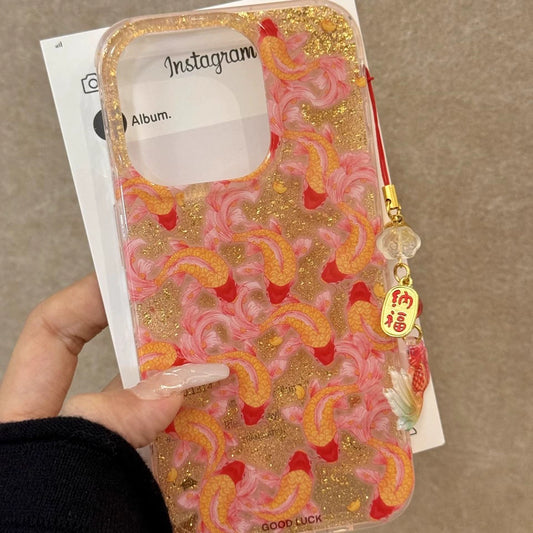 Translucent Koi Goldfish Glitter Lucky Gold Aesthetic Mobile Phone Case with Mobile Phone Chain Pendant Suitable for iPhone16 iPhone15 iPhone14 iPhone13