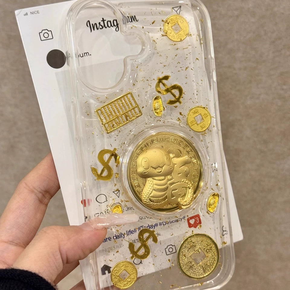 Year of The Snake Fu Character Gold Coin Gold Glitter Lucky Fortune Mobile Phone Case Suitable for iPhone16 iPhone15 iPhone14 iPhone13