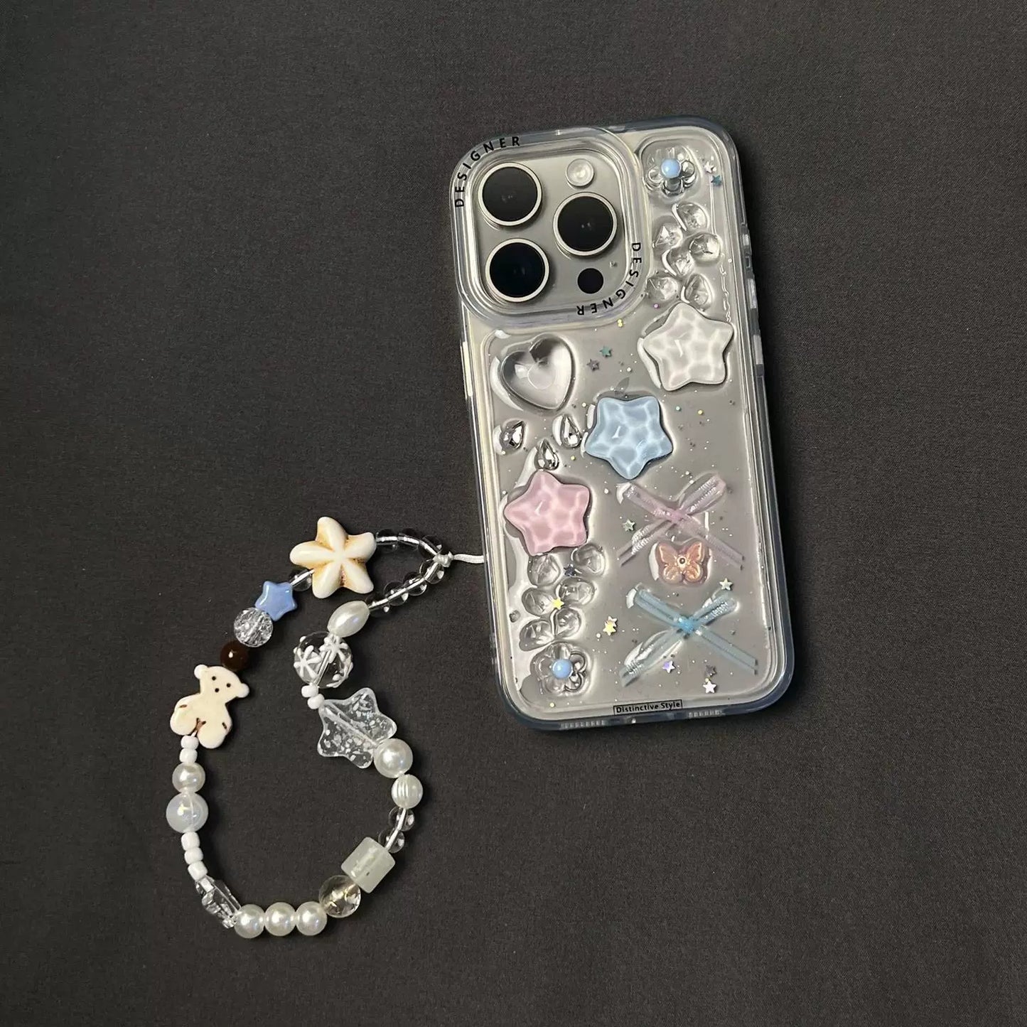 Transparent Epoxy Three-dimensional Star Bow Cute and Sweet Aesthetic Mobile Phone Case with Mobile Phone Chain Pendant Suitable for iPhone16 iPhone15 iPhone14 iPhone13