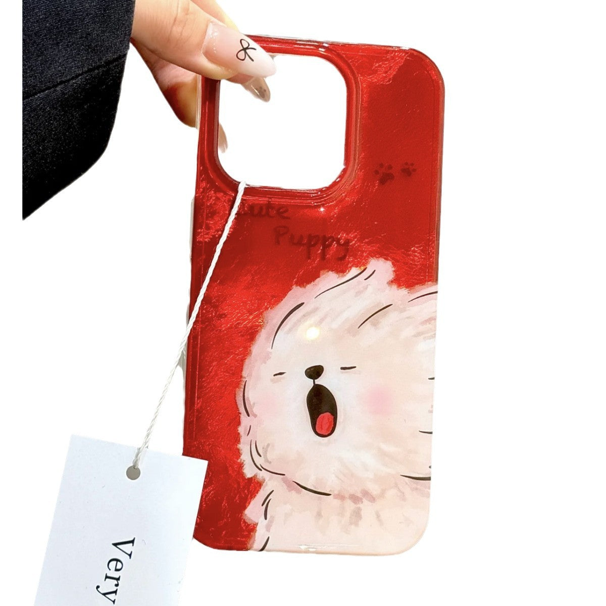 Red Background Cute Yawning Dog Tinfoil Pattern Aesthetics Cute Phone Case Suitable for iPhone16 iPhone15 iPhone14 iPhone13