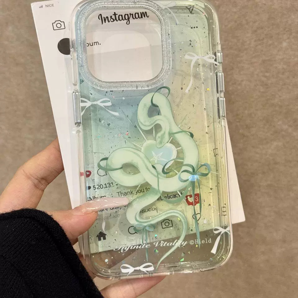 Gradually Change Green Bow Green Snake Transparent Glitter Aesthetic Mobile Phone Case Suitable for iPhone16 iPhone15 iPhone14 iPhone13