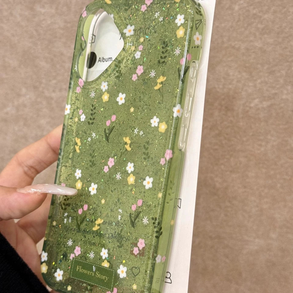 Translucent Green Pastoral Garden Glitter Flower Love Aesthetic Mobile Phone Case Suitable for iPhone16 iPhone15 iPhone14 iPhone13