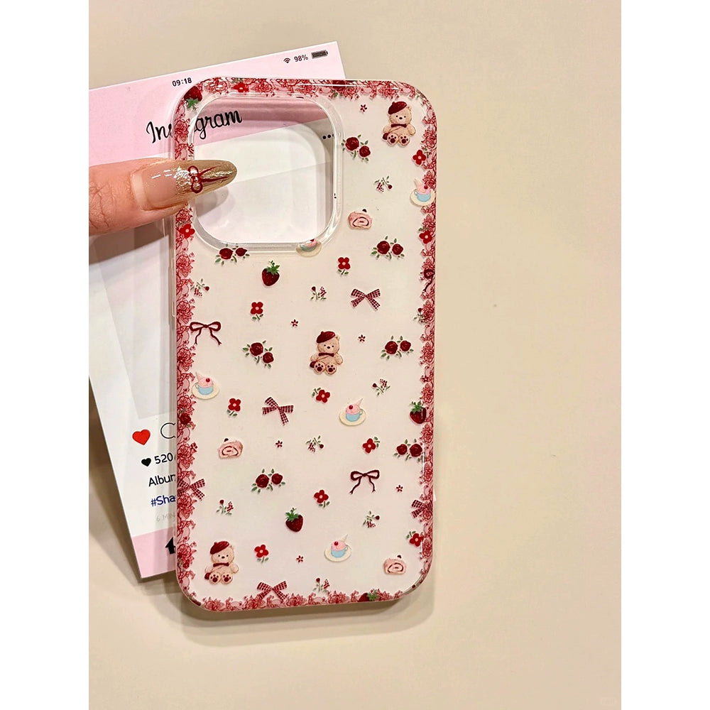 Girl Circumference Flower Strawberry Bear Holder Cute Aesthetic Phone Case Suitable for iPhone16 iPhone15 iPhone14 iPhone13