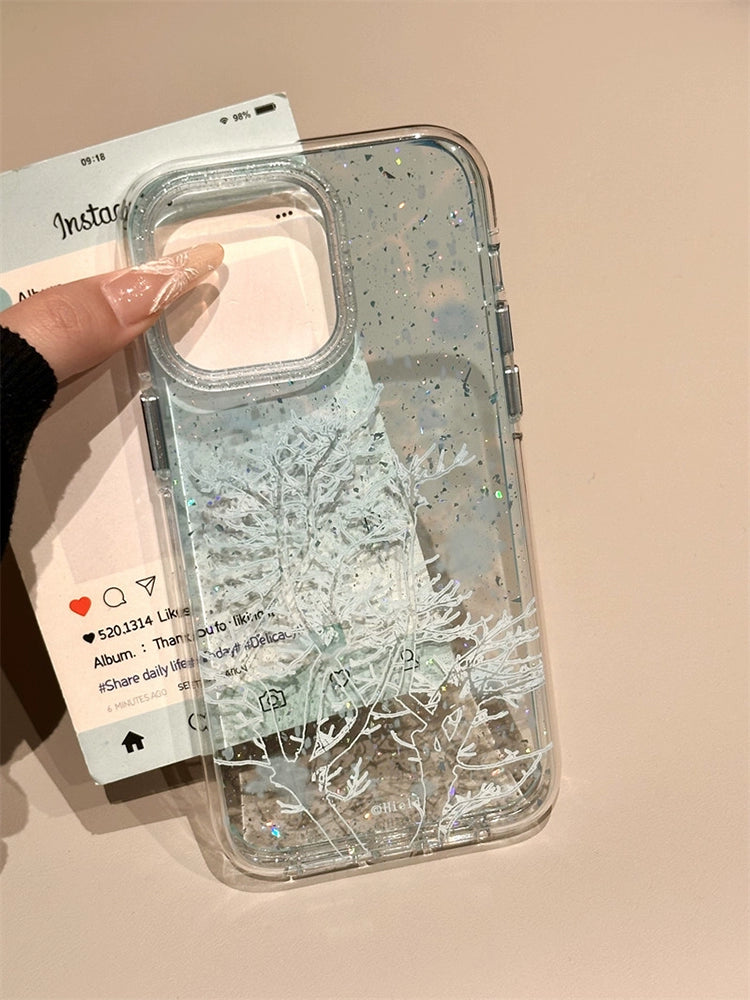 Gradual Change Blue Glitter Lines Small Tree Aesthetics Mobile Phone Case with Mobile Phone Chain Pendant Suitable for iPhone16 iPhone15 iPhone14 iPhone13