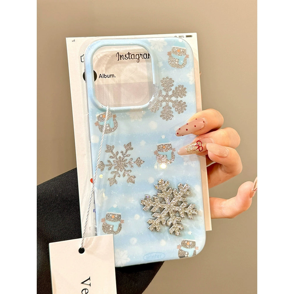 Smudge Blue Hollow Glitter Three-dimensional Snowflake Aesthetic Mobile Phone Case Suitable for iPhone16 iPhone15 iPhone14 iPhone13