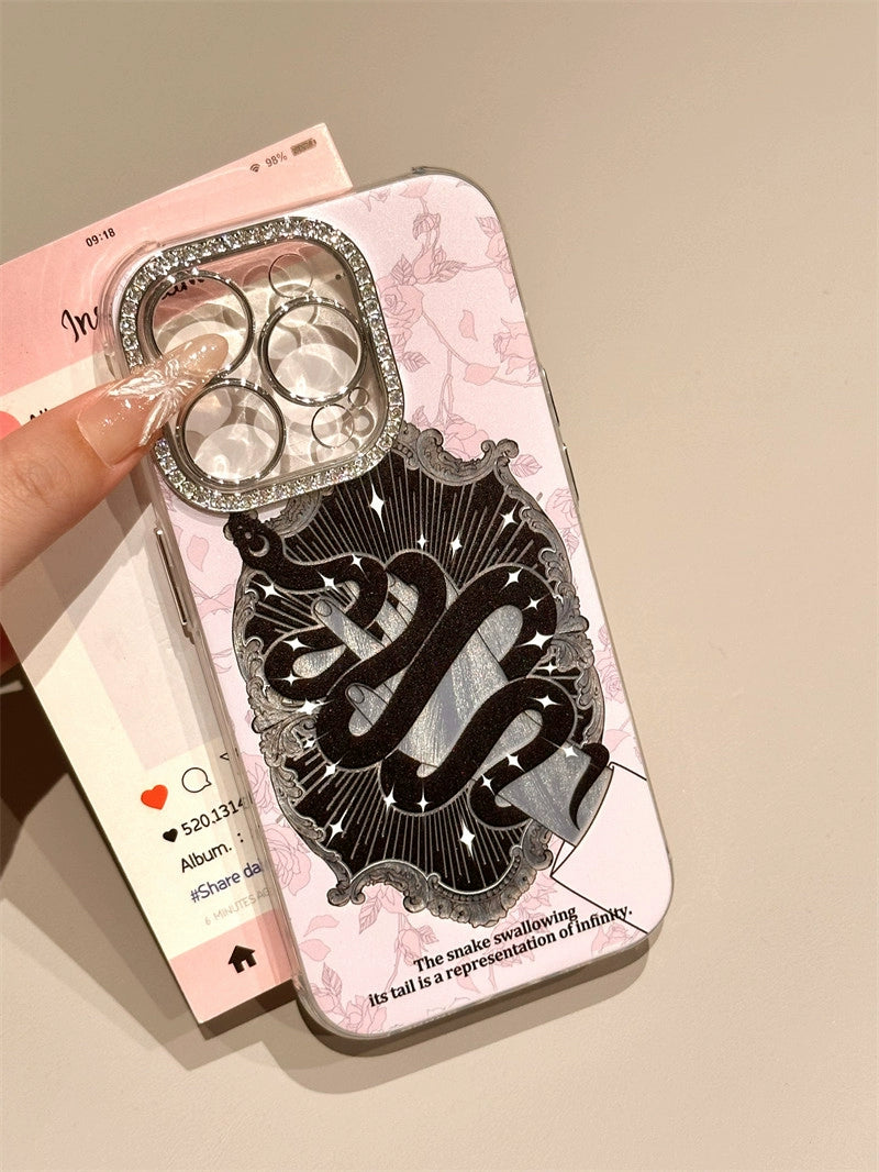 Foundation Line Drawing Butterfly Snake Diamond Lens Art Aesthetics Mobile Phone Case Suitable for iPhone16 iPhone15 iPhone14 iPhone13