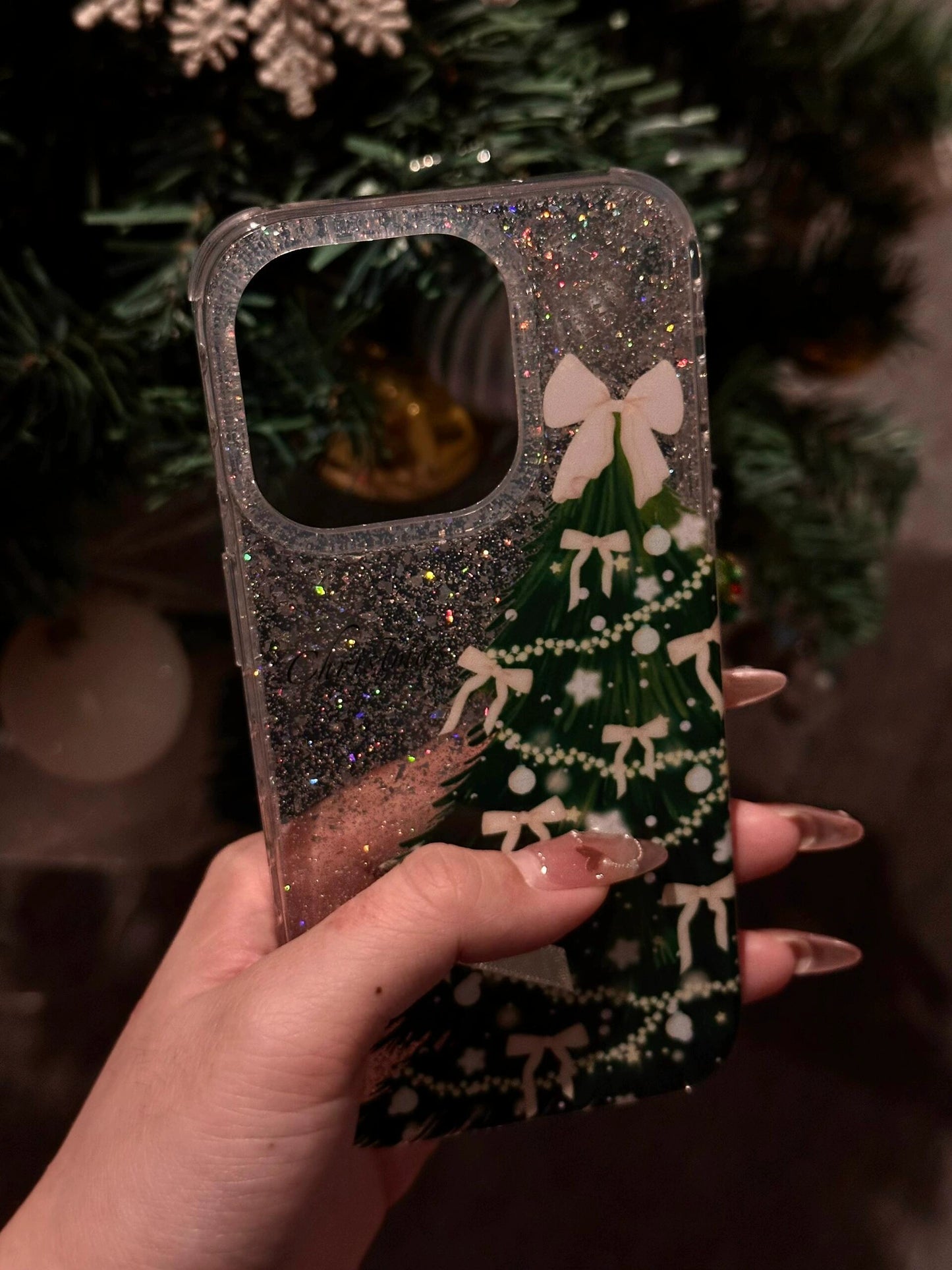 Glitter Bow Christmas Tree Aesthetic Phone Case Suitable for iPhone16 iPhone15 iPhone14 iPhone13