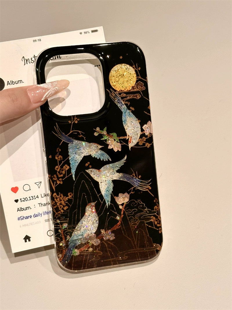 Chinese Style Glitter Lines on Branches Magpie Double-sided Case Aesthetic Mobile Phone Case with Mobile Phone Chain Pendant Suitable for iPhone16 iPhone15 iPhone14 iPhone13