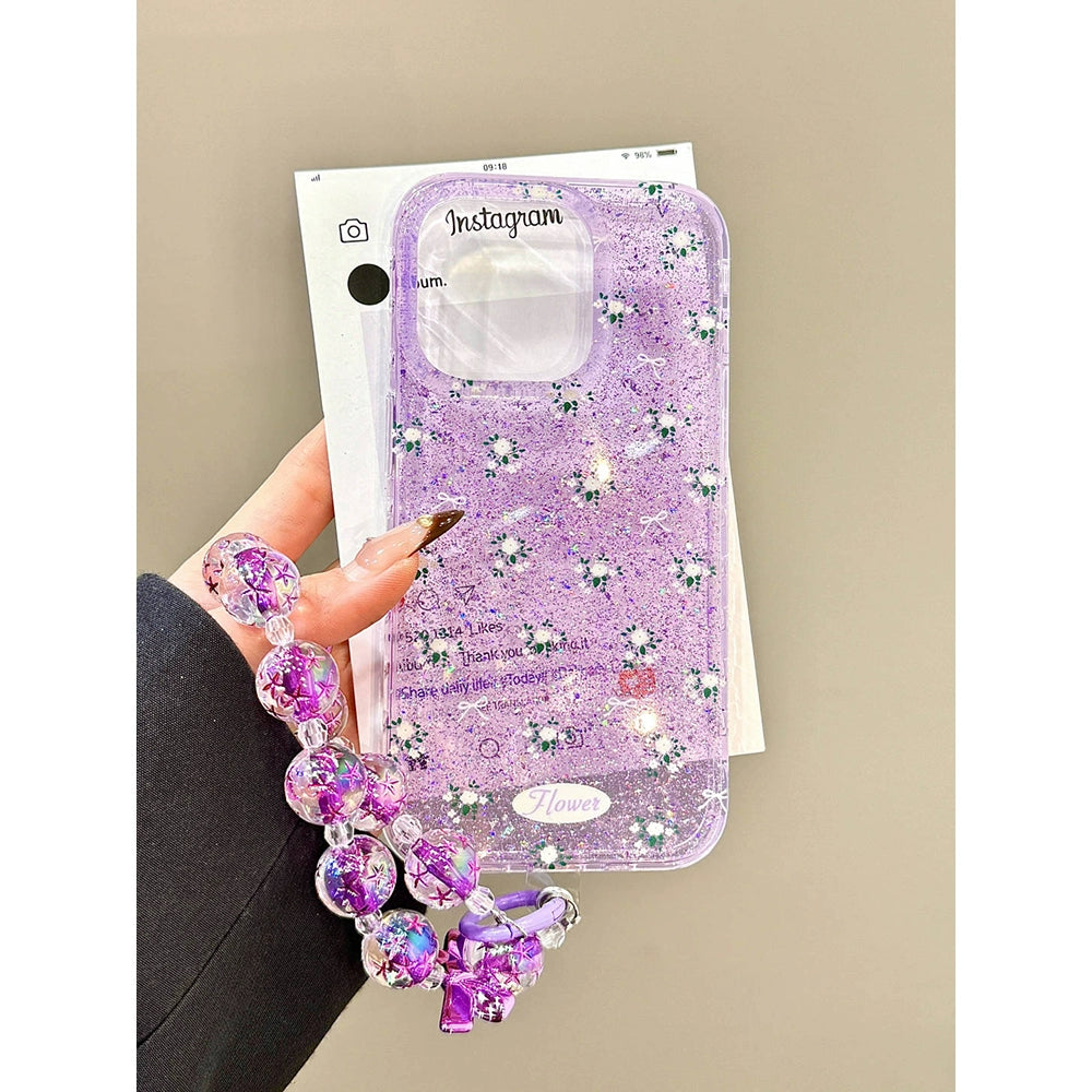 Glitter Translucent Flower Purple Aesthetic Mobile Phone Case with Mobile Phone Chain Pendant, Hand Carry Bead Chain Suitable for iPhone16 iPhone15 iPhone14 iPhone13