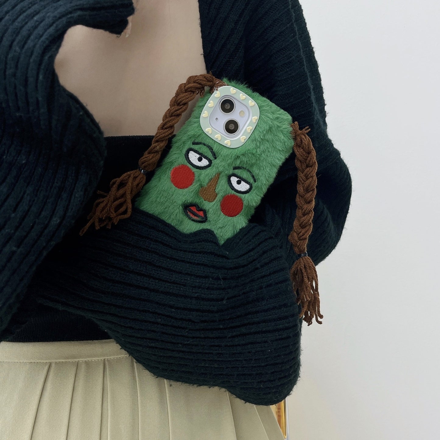 Plush Funny Green Ugly Phone Case with Braids Suitable for iPhone16 iPhone15 iPhone14 iPhone13