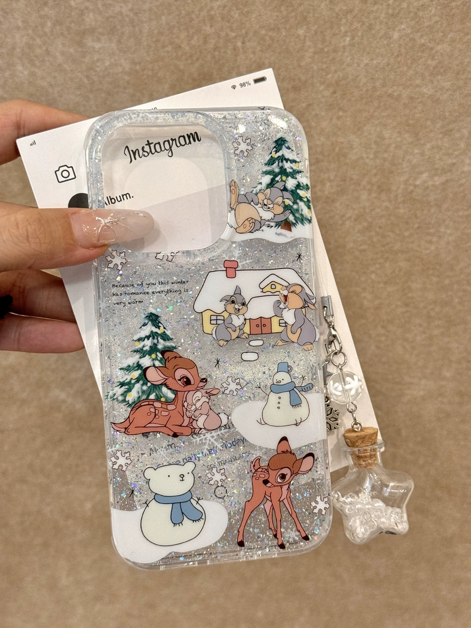 Winter Rabbit and Deer Snowman Snowflake Pine Glitter Aesthetics Cute Mobile Phone Case with Mobile Phone Chain Pendant Suitable for iPhone16 iPhone15 iPhone14 iPhone13