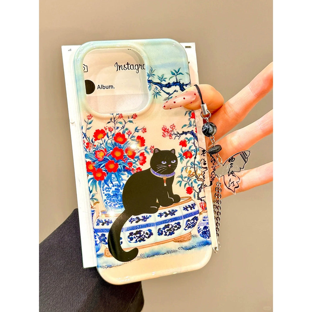 Blue and White Porcelain Red Flower Black Cat Lucky Aesthetic Mobile Phone Case with Mobile Phone Chain Pendant Suitable for iPhone16 iPhone15 iPhone14 iPhone13