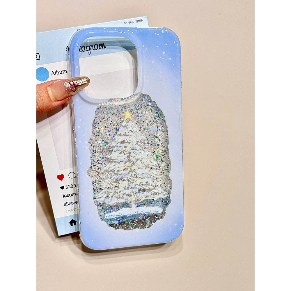 Sequin Glitter Christmas Tree Three-dimensional Snowflake Hairball Mobile Phone Case with Mobile Phone Chain Pendant Suitable for iPhone16 iPhone15 iPhone14 iPhone13