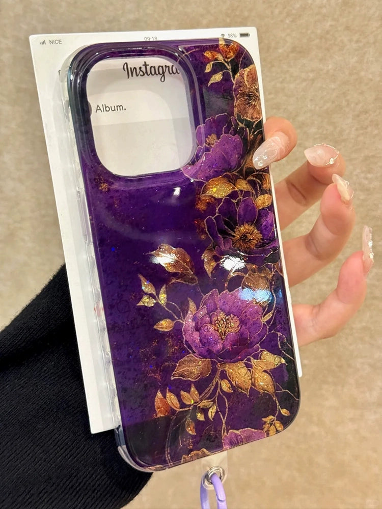 Transparent Purple Golden Peony Purple Bead Chain Aesthetic Mobile Phone Case with Mobile Phone Chain Pendant Suitable for iPhone16 iPhone15 iPhone14 iPhone13