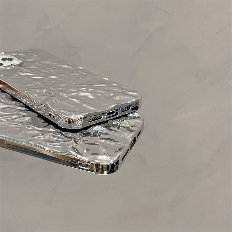 Silver Glossy Crepe Corrugated Phone Case Suitable for iPhone16 iPhone15 iPhone14 iPhone13