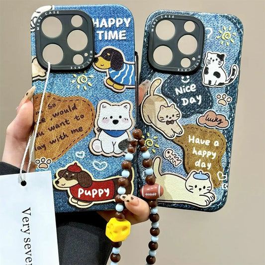 Retro Denim Blue Cat Dog Bracelet Cute Phone Case with Phone Chain Pendant Suitable for iPhone16 iPhone15 iPhone14 iPhone13