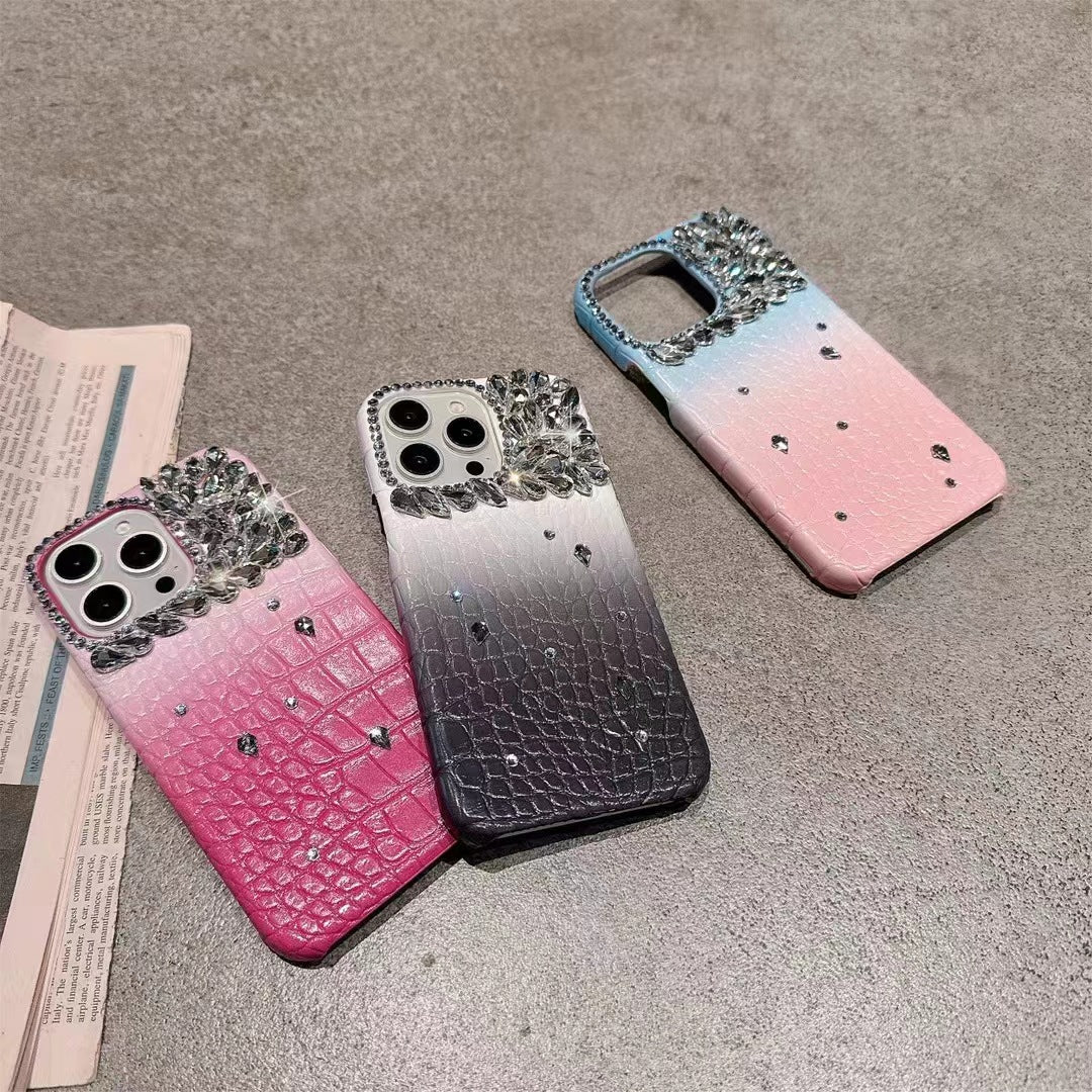 Handmade Rhinestones Gradually Change Crocodile Leather Pattern Elegant Aesthetic Mobile Phone Case Suitable for iPhone16 iPhone15 iPhone14 iPhone13