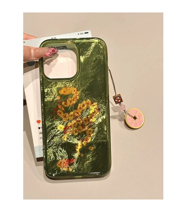 Green Bottom Gold Coin Small Snake Coin Pendant Fortune Lucky Aesthetic Mobile Phone Case with Mobile Phone Chain Pendant Suitable for iPhone16 iPhone15 iPhone14 iPhone13