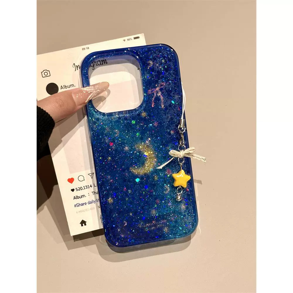 Transparent Blue Sequined Star Bow Glitter Aesthetic Phone Case Suitable for iPhone16 iPhone15 iPhone14 iPhone13