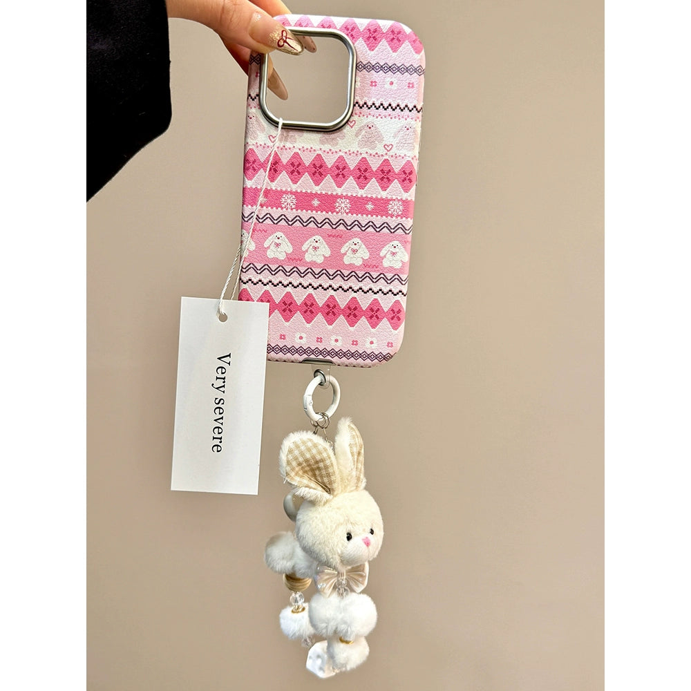 Cute Striped Cartoon Rabbit Bear Plush Hand Rope Aesthetic Phone Case Suitable for iPhone16 iPhone15 iPhone14 iPhone13