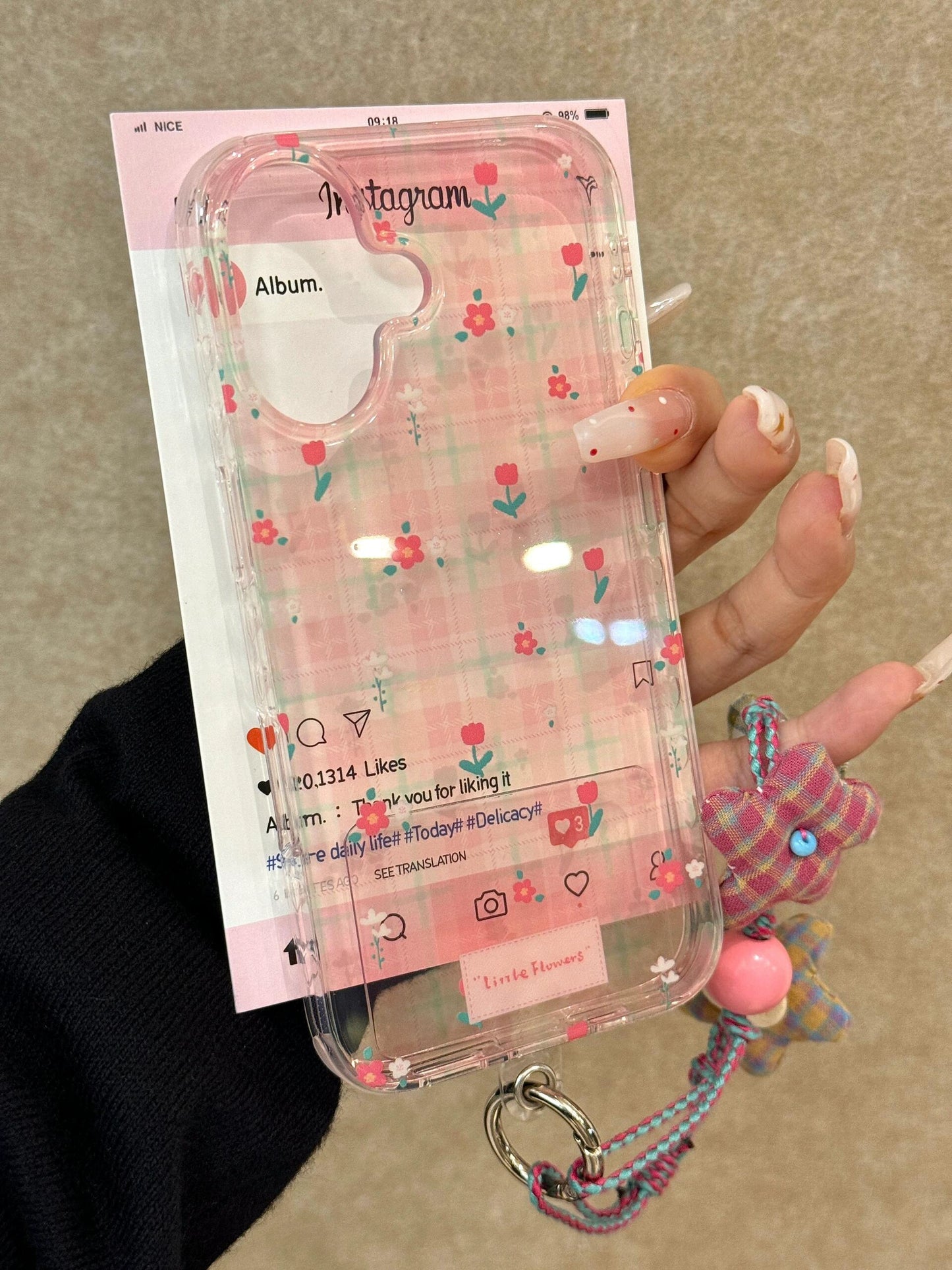 Pink Plaid Full Screen Tulip Sweet Girl Phone Case with Phone Chain Pendant Suitable for iPhone16 iPhone15 iPhone14 iPhone13