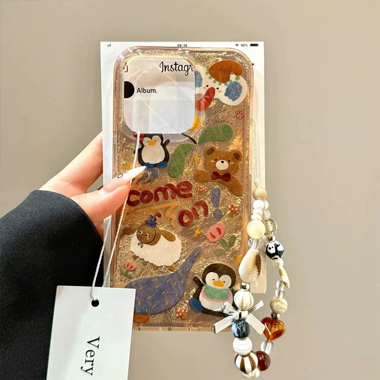 Tin Foil Pattern Cute Little Animal Bracelet Strip Cute Aesthetic Mobile Phone Case with Mobile Phone Chain Pendant Suitable for iPhone16 iPhone15 iPhone14 iPhone13