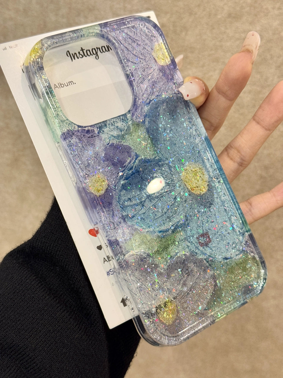 Translucent Glitter Blue Purple Oil Painting Flower Art Aesthetics Mobile Phone Case Suitable for iPhone16 iPhone15 iPhone14 iPhone13