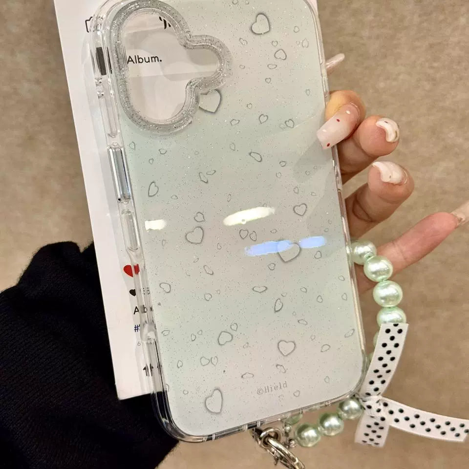 Light Green Smudge Lines Love Glitter Aesthetic Mobile Phone Case Clean and Soft Girl Mobile Phone Case with Mobile Phone Chain Pendant Suitable for iPhone16 iPhone15 iPhone14 iPhone13