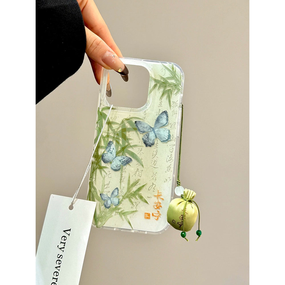 Green Bamboo Butterfly Lotus Koi Aesthetic Mobile Phone Case with Lucky Bag Pendant Suitable for iPhone16 iPhone15 iPhone14 iPhone13