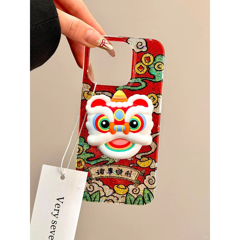 Everything Goes Well in The New Year, Lion Dance Red Lucky Aesthetics, Mobile Phone Case with Bracket Suitable for iPhone16 iPhone15 iPhone14 iPhone13