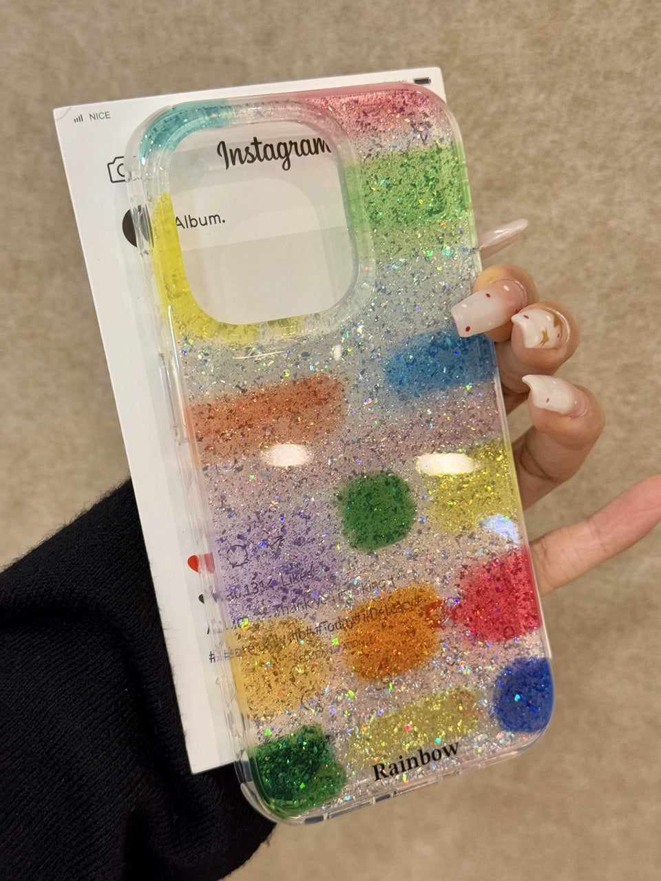 Translucent Glitter Square Color Block Rainbow Color Art Aesthetics Mobile Phone Case with Mobile Phone Chain Pendant Suitable for iPhone16 iPhone15 iPhone14 iPhone13